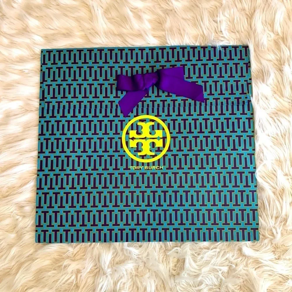 Designer Tory Burch Blue Purple and Green Paper Shopping Bag with Bow